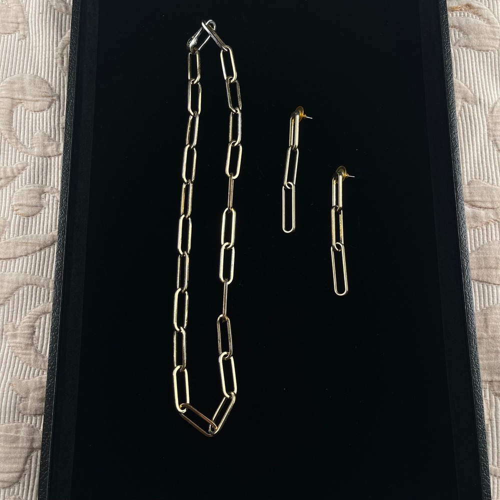BaubleBar Gold Tone Paperclip Chain Necklace and Linear Drop Earrings Set